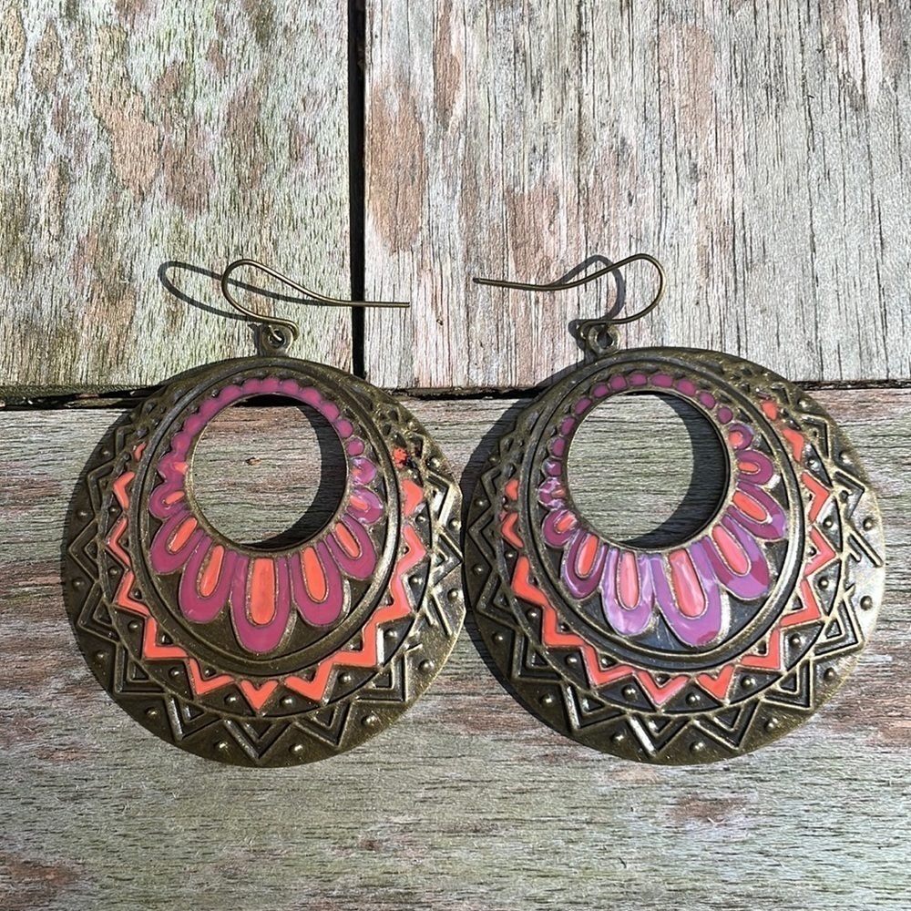 Bohemian Colorful Pattern Bronze Hoops - Picture 6 of 11